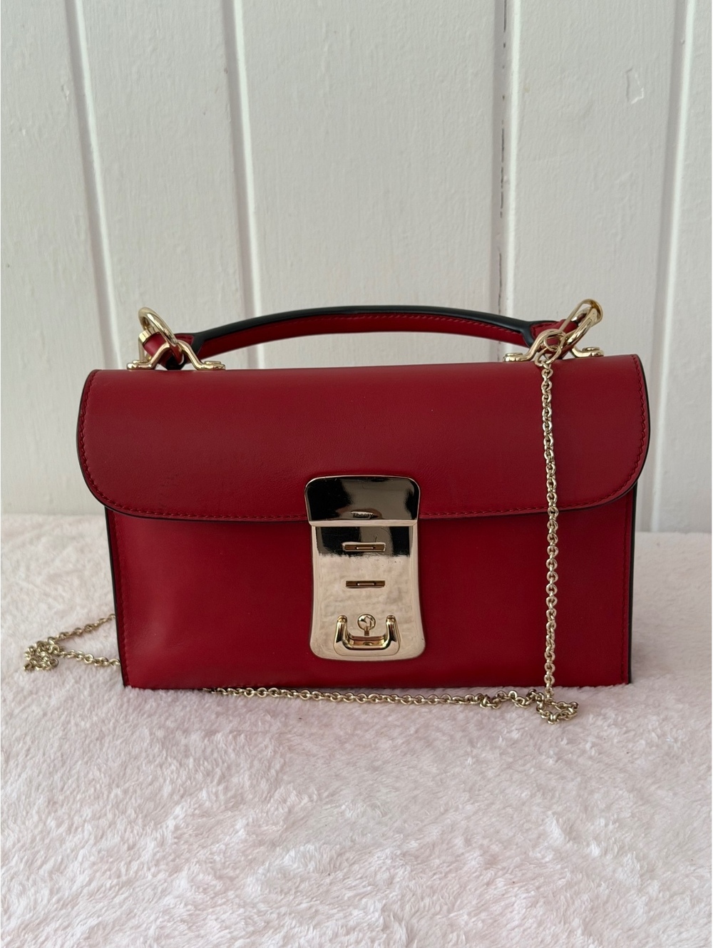 Theory Red Leather Top Handle Crossbody Bag with Gold Lock and Chain Strap